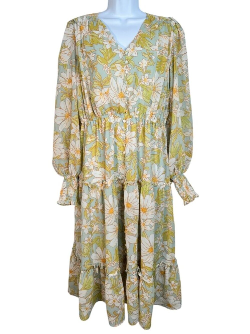 Rachel Parcell Daisy Floral Chiffon Drawstring Midi-Dress Light Blue Yellow Med